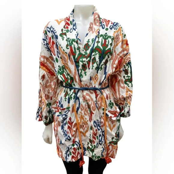 Zara NWT Hanoi Kimono Multicolored Linen Blend  Size Large - Picture 3 of 11